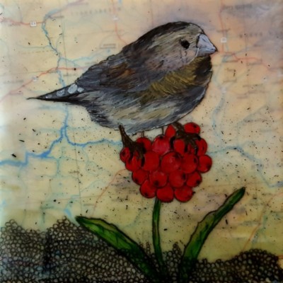 salyna-gracie-releasing-the-dogma-of-birdsong-perching-finch - 6x6 encaustic mixed media