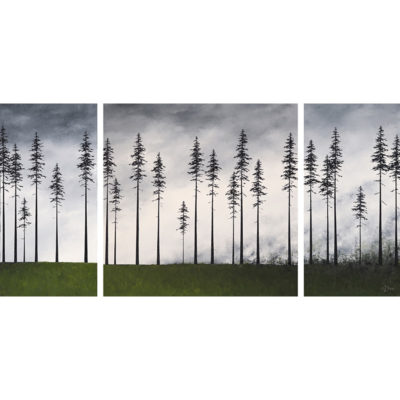Doe-Green Meadow with Trees Triptych 24x52
